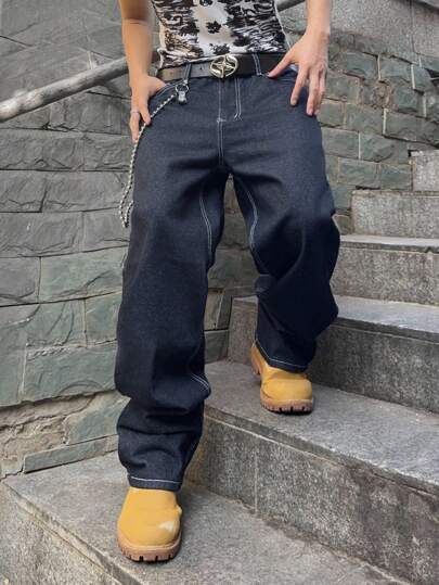 Manfinity EMRG Men's Pocket Loose Wide Leg Casual Versatile Jeans Baggy Y2k Jeans Western Pants Cowboy Men Pants Vintage Washed OVERSIZE Distressed Jeans