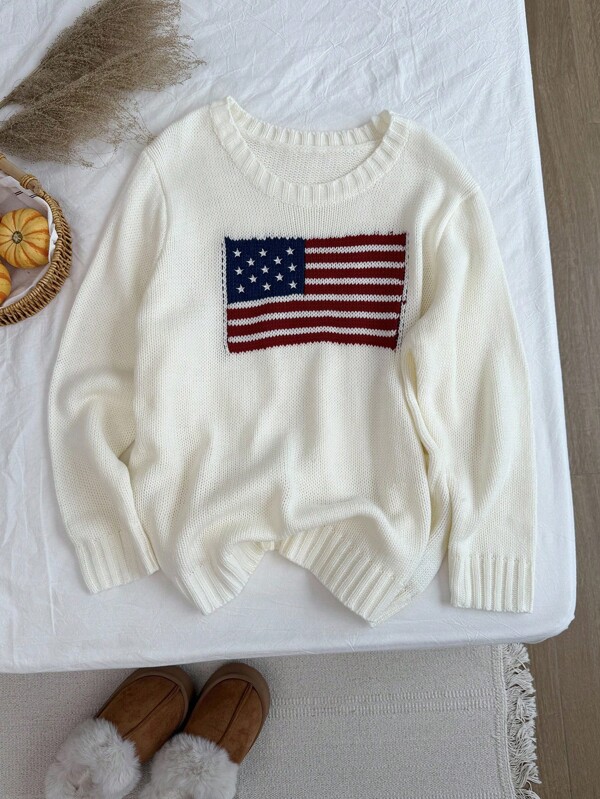 SHEIN EZwear Suéter de hombros caídos con estampado de estrella y rayas, para invierno