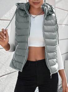 RueChic Zip Up Hooded Vest Puffer Coat - Grey - View 6