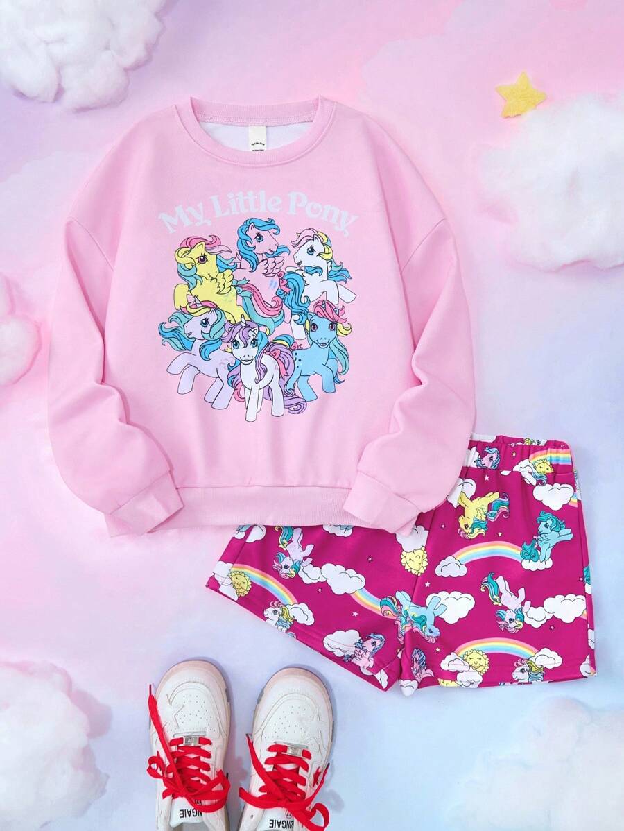 My Little Pony X SHEIN 2 件套青少年女孩字母和卡通图案圆领长袖运动衫和短裤套装 - 彩色 - 查看 1
