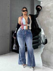 SHEIN ICON Jeans bleus grande taille extensibles évasés, pantalon Y2K pour l'automne et l'hiver, pantalon à jambes coupées, style rétro - Jean clair - Voir 4