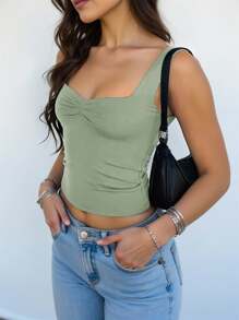 INAWLY Solid Color Women's Sweetheart Neckline Tank Top - Green - View 3