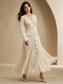 Anewsta Đầm midi cổ chữ V, viền đuôi cá, eo cao, tay dài cho nữ - Màu be - Xem 5