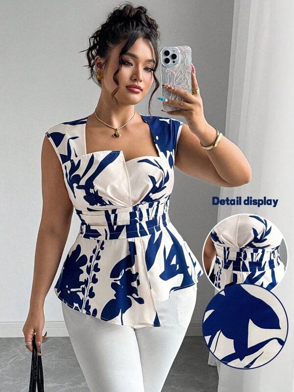 Elenzga Camicetta casual, elegante e romantica da donna, taglie forti, in chiffon a stampa digitale, scollo quadrato, smanicata, vita arricciata, orlo asimmetrico, adatta per vacanze