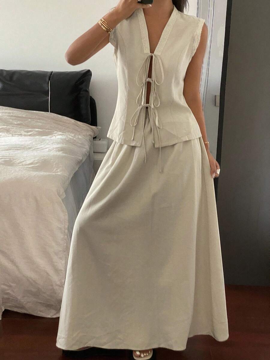 女士休闲通勤纯色系带吊带背心和半身裙两件套家居服套装 - 杏色 - 查看 1