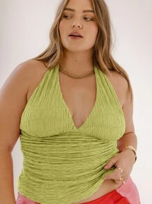 Aralina 曲线加大码褶饰挂脖修身露背系带外出上衣 - 綠色 - 查看 7