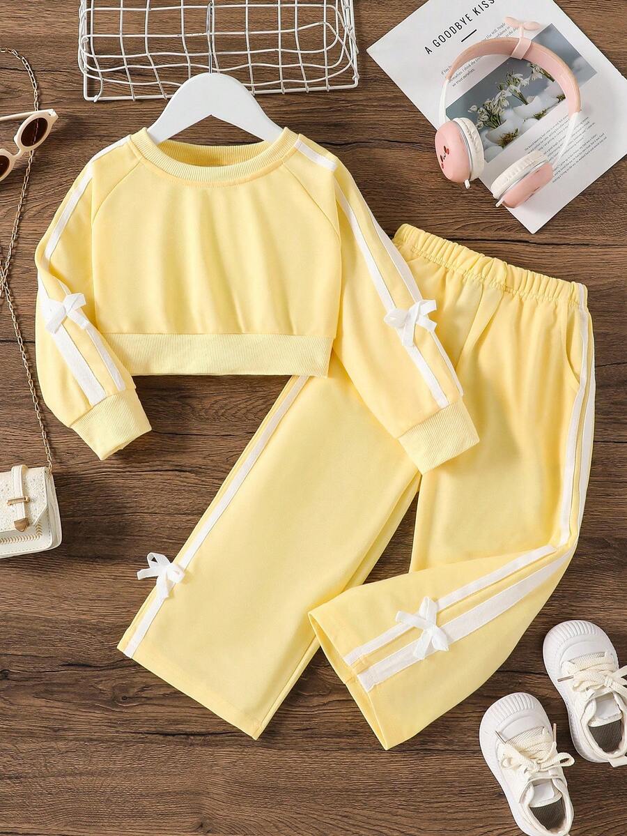 2 件套女童春秋长袖运动衫和裤子套装，针织面料，蝴蝶结丝带装饰 - 彩色 - 查看 1