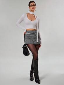 Avenya 女士黑白千鸟格拉绒低腰短裙 - 黑與白 - 查看 3