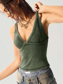 Bohemela Áo ba lỗ dáng croptop cổ chữ V dệt kim trơn màu phong cách du lịch thường ngày dành cho nữ, mùa hè - Màu xanh Ô liu - Xem 6