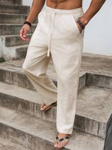 Manfinity Homme Men's Casual Drawstring Loose Cotton Linen Pants, Solid Color, Everyday Wear Beige Pants For Men Men Drawstring Pants Men Summer Pants Men Linen Pants Men Loose Casual Pants, Fall