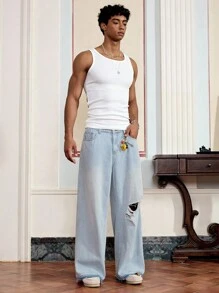 SWAVVY 男士休闲长款做旧装饰浅蓝色牛仔裤 - 藍色 - 查看 4