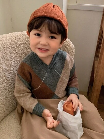 DAZY كنزة صوفية كاجوال مصنوعة من الصوف بياقة على شكل حرف V وتصميم معكوس للأطفال الصغار، مناسبة للربيع والخريف