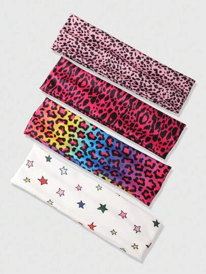 Kawaii 4 piezas Diademas de niña con estampado de leopardo vintage + estampado de estrella colorido Y2K, diademas deportivas anchas de yoga, accesorios de cabello versátiles y casuales adecuados para deportes al aire libre y la vida diaria