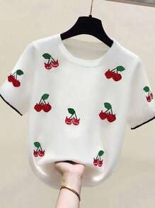 Camiseta Feminina de Verão com Decote Redondo, Impressão de Cereja e Decoração com Strass - Multicolorido - Visão 3