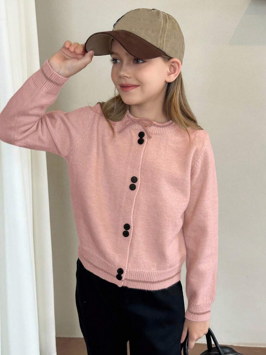 Dazy Kids 秋季女童休闲纽扣长袖开衫 - 粉色 - 查看 1