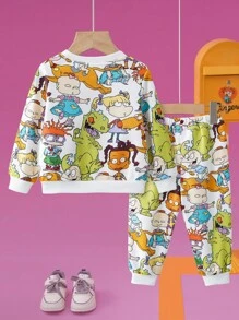Nick 90s | SHEIN 2 件套男婴卡通恐龙全身印花圆领长袖运动衫和裤子套装