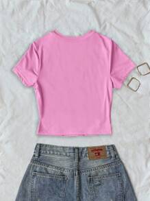 Kaos Crop Lengan Pendek Kasual Wanita Motif Bintang Laut, Kerang, dan Cangkang Kerang, Cocok untuk Liburan - Berwarna merah muda - View 2