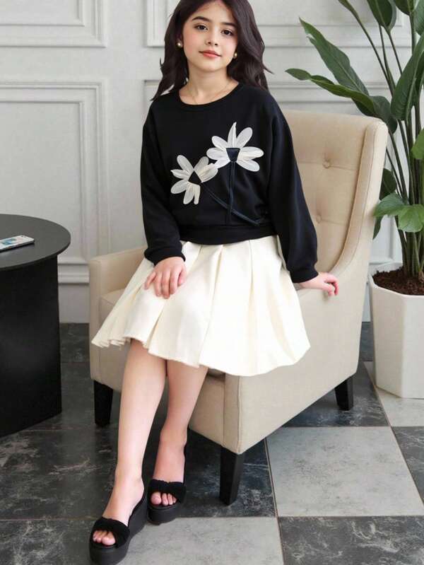 Conjunto casual de niña preadolescente con camisa de manga larga con estampado floral 3D y minifalda plisada