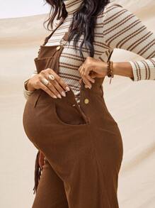 Boho Mama 2-Piece Maternity Khaki Striped Turtleneck Top & Solid Adjustable Shoulder Strap Jumpsuit Set,Bohemian Style Autumn Casual Photoshoot Rave Outfits - Khaki - View 3
