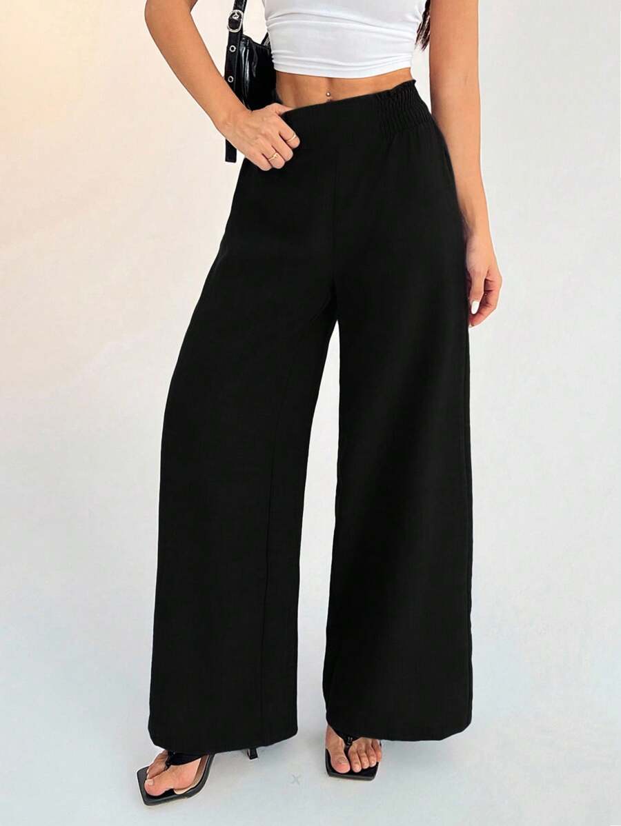 SHEIN PETITE Women's Casual Vacation Waistband Blue Wide Leg Pants - Black - View 1