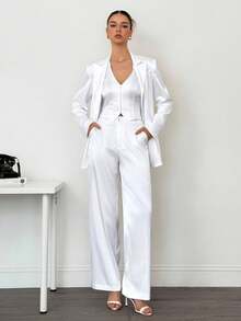 SHEIN Tall Ensemble casual femme composé d'une veste, d'un gilet et d'un pantalon de couleur unie, avec col châle et manches longues, pour l'automne/l'hiver - Blanc - Voir 1