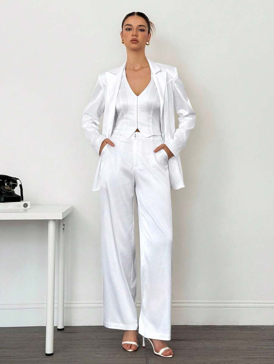 SHEIN Tall Ensemble casual femme composé d'une veste, d'un gilet et d'un pantalon de couleur unie, avec col châle et manches longues, pour l'automne/l'hiver - Blanc - Voir 1