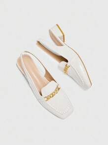 CUCCOO BIZCHIC Women's Shiny White Chain Decor Backstrap Flat Square Toe Slingback Pumps, Suitable For Commuting, Date, Party, Holiday For Christmas Spring Shoes - White - View 5