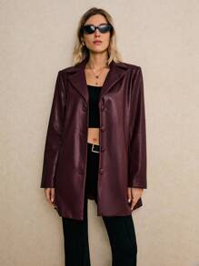 Poéselle Women's Burgundy Faux-Leather Blazer Jacket,Oversized Vegan Leather Button-Front Coat,Chic Autumn Night Out,Quiet Luxury Lapel Neck Long Sleeve Jacket - Burgundy - View 7