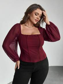 Firerie 加大方领灯笼袖上衣 - 酒紅色 - 查看 8