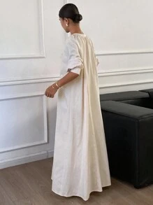 Livesso 女士V领系带亮片宽松中长连衣裙，夏季连衣裙 - 杏色 - 查看 2