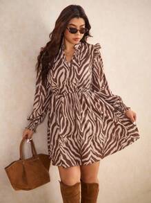 Elaquor 大码女式斑马纹V领长袖时尚连衣裙 - 彩色 - 查看 3