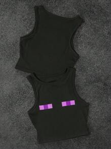 SHEIN 女式 Y2K 紫眼图形像素色块黑色短款运动背心，性感俱乐部服装，朋克街头风格，图形印花，哥特美学，休闲夏季上衣，露脐 T 恤 - 黑色 - 查看 1