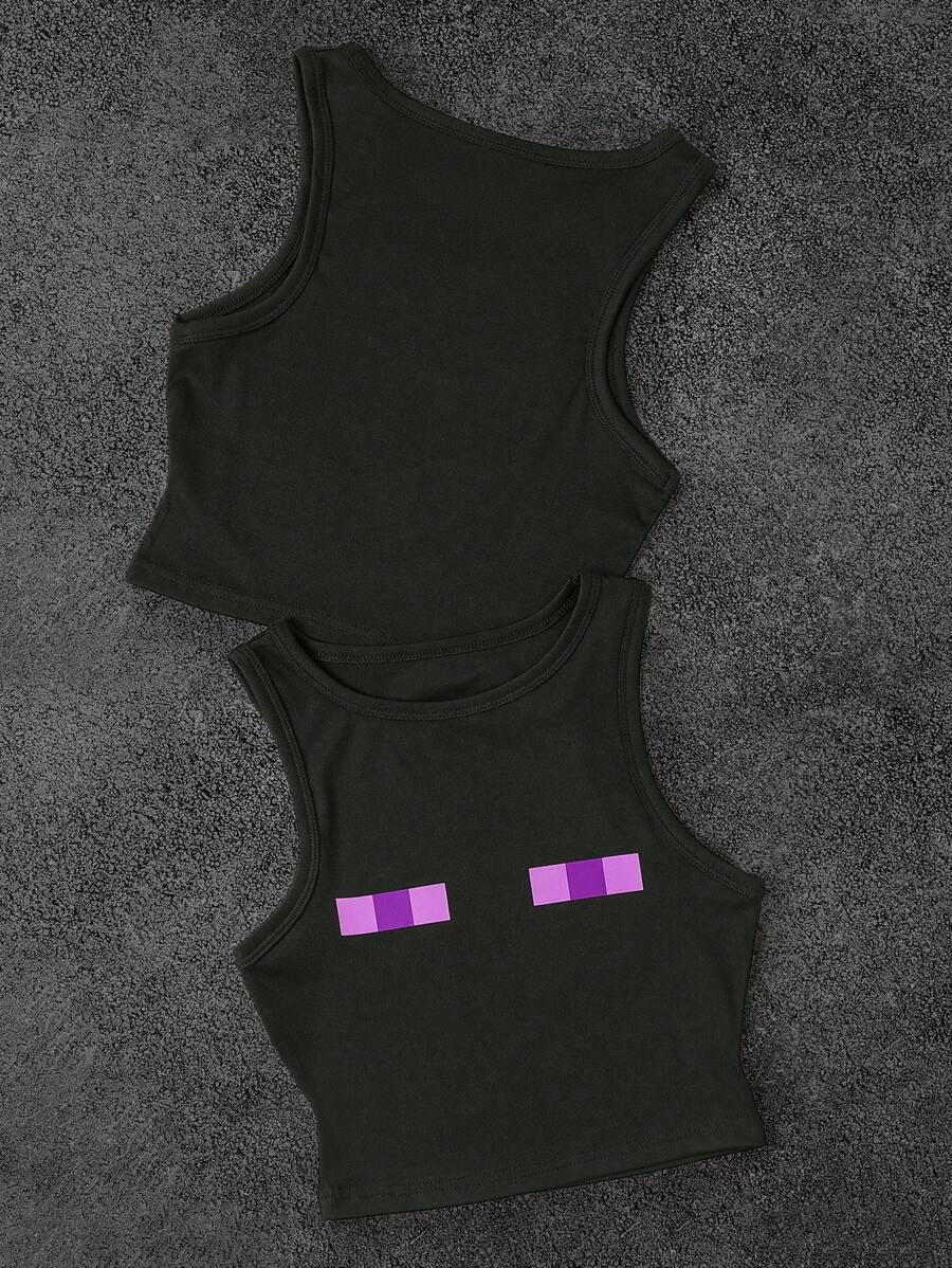 SHEIN 女式 Y2K 紫眼图形像素色块黑色短款运动背心，性感俱乐部服装，朋克街头风格，图形印花，哥特美学，休闲夏季上衣，露脐 T 恤 - 黑色 - 查看 1