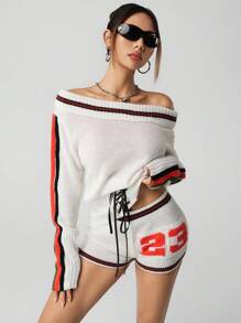 SHEIN ICON 1 Bộ trang phục thể thao thường ngày gồm áo len hở vai ôm sát và quần short siêu ngắn - Màu be - Xem 4
