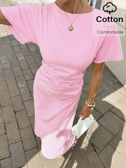 Siren Gaze Women's Long Striped Round Neck Short Sleeve Pleated Casual Dress Summer Pink Casual Pink