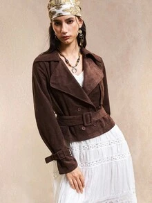 Easelle Cowgirl Women's Western Vintage Bohemia Dark Brown Woven Women's Lapel NeckLong Sleeve Double-Breasted Casual Trench Coat Fall Winter Clothes Women, - Coffee Brown - View 6