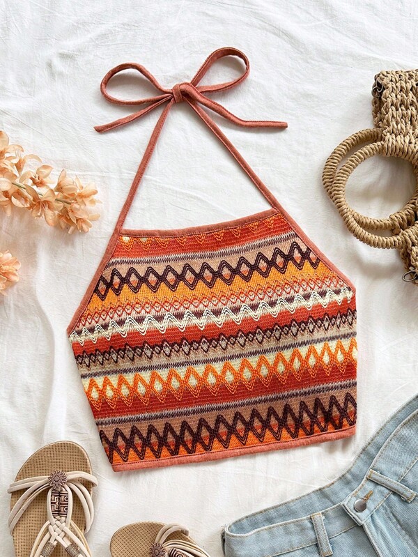 Soleia Geo Print Tie Backless Crop Halter Top Primavera Férias Crop Mulheres Tops