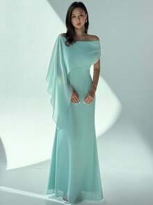 Aloruh New Off Shoulder Boat Neck Asymmetric Ruffle Fitted Dress, Elegant Birthday Party Cocktail Dress, Long Maxi Green Mermaid Hem Gown,Fall Dresses For Women,Prom Dress,Fall Wedding Guest Dress