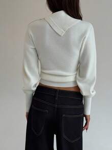 Aloruh New Stylish Casual Warm Winter Stand Collar Asymmetrical Asymmetric Button Oversized Batwing Sleeve Knit Sweater - Beige - View 3