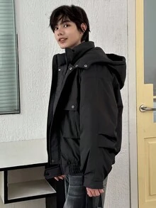 Dazy Kids 青少年男孩纯色实用口袋拉链前休闲连帽冬季夹克 - 黑色 - 查看 2