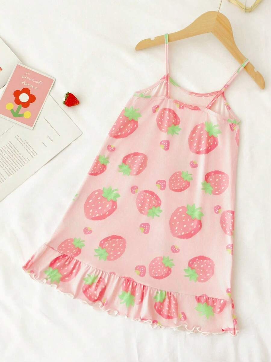 年轻女孩草莓印花吊带睡衣 - 粉色 - 查看 1
