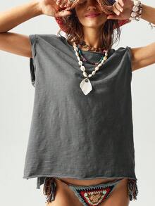 Bohemela 女士休闲纯色针织圆领短袖宽松水洗T恤 - 灰色 - 查看 1