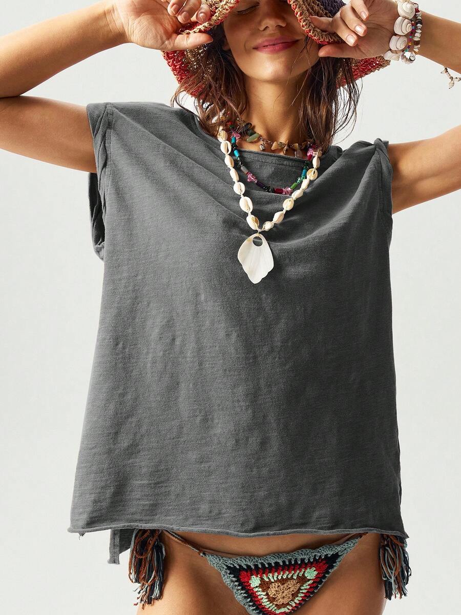 Bohemela 女士休闲纯色针织圆领短袖宽松水洗T恤 - 灰色 - 查看 1