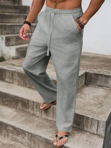 VENTUSAIL Men's Casual Solid Color Cotton Linen Pants, Winter, Fall - Dark Grey - View 4