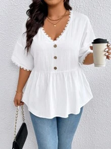EMERY ROSE Plus Size Women's Solid Color Accessories Lace Casual Top - White - View 1