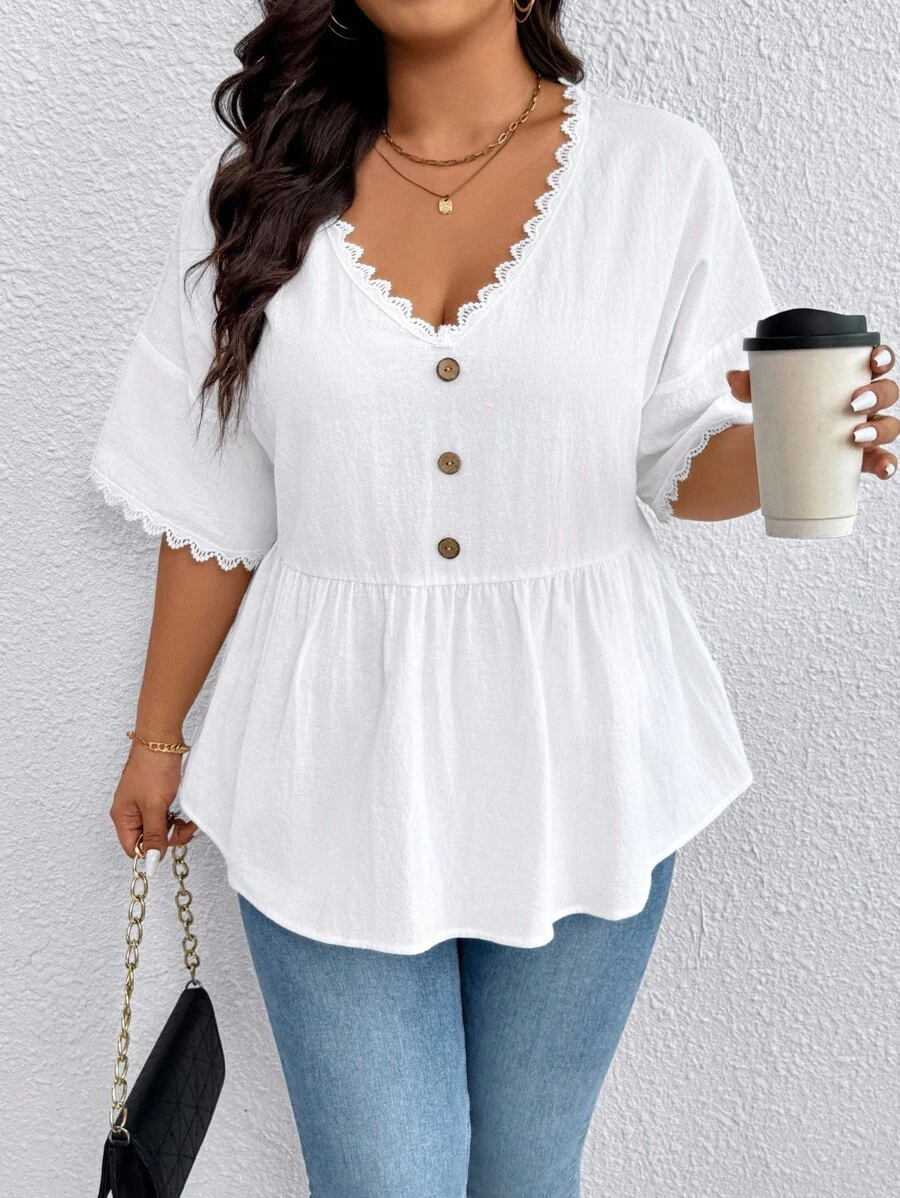 EMERY ROSE Plus Size Women's Solid Color Accessories Lace Casual Top - White - View 1