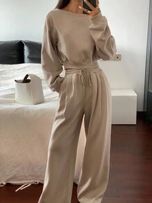 DAZY Women's Casual Off Shoulder Loose Sweatshirt And Wide-Leg Pants 2 Pieces Set, Autumn Lounge Sets For Women - Khaki - View 4