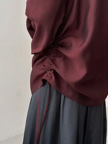 FRIFUL Áo sơ mi tay đèn lồng màu trơn đơn giản dành cho nữ, có dây rút bên hông, mùa thu - Đỏ - Xem 1