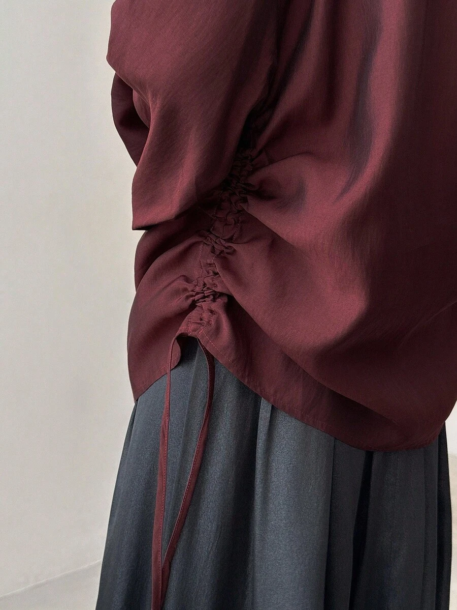 FRIFUL Áo sơ mi tay đèn lồng màu trơn đơn giản dành cho nữ, có dây rút bên hông, mùa thu - Đỏ - Xem 1