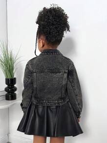 SHEIN 少女 Y2K 灰色水鑽裝飾丹寧翻領長袖寬鬆短版夾克，秋季少女休閒舒適穿搭，舒適休閒時尚度假風，黑色少女丹寧夾克，少女水鑽丹寧夾克冬季款 - 灰色 - 查看 2